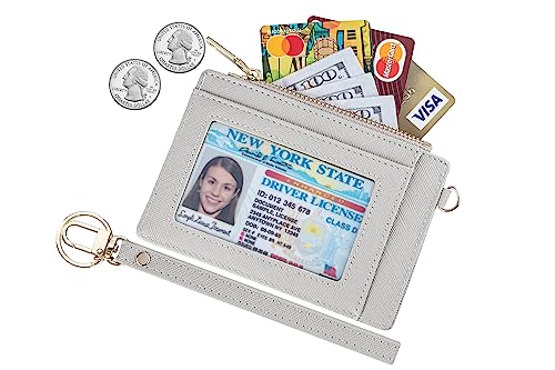 Wikavanli Women Slim Rfid Blocking Credit Card Case Holder Wristlet Zip ID Case Wallet Small Compact Leather Wallet Coin Purse with Keychain (Light Gray) - color: Light Gray