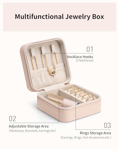 VLANDO Travel Jewelry Case, Compact Design, Necklace Hook, Anti-Tangle - color: K.Nude Pink