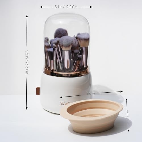 Rotating Makeup Brush Holder with Lid Dustproof Vanity Organizer for Makeup Brushes, Bonus Foldable Makeup Brush Cleaner Bowl Included - color: White