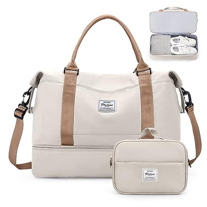 Weekender Bags for Women, Carry-On Overnight Travel Duffel Bag - color: Beige & Brown, size: Extra Large