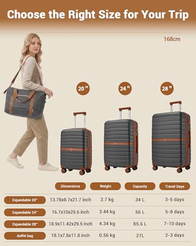 Kono Luggage Sets 2 Piece, Expandable 28 Inch Luggage with Spinner Wheels, Lightweight & Anti-Scratch PC+ABS Hardshell Travel Rolling Suitcase Large Checked Luggage with Duffel Bag, Grey/Brown - color: Grey/Brown, size: 2 Piece Set (28/Db)