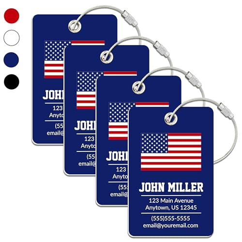 Personalized Luggage Tag with American Flag | 4 Pack | Custom Luggage Tags for Suitcases | Kids Backpack Tag | 4 Color Options & Choose Font, Font Color - color: Dark Blue, size: 4 pack - Large