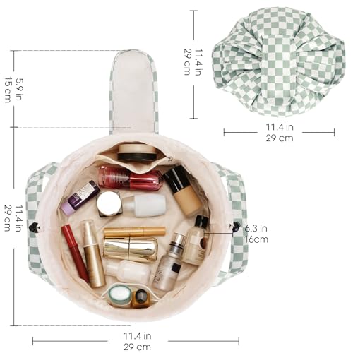 Narwey Lay Flat Drawstring Makeup Bag, Travel Toiletry Cosmetic Bag Women - color: Z-Mint Green Checkerboard