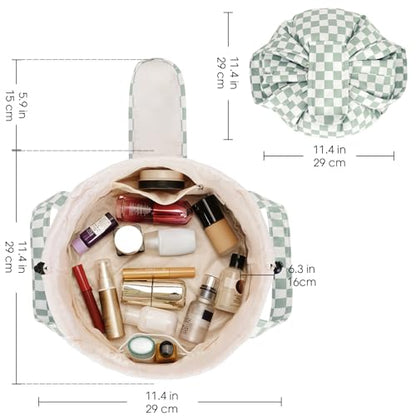 Narwey Lay Flat Drawstring Makeup Bag, Travel Toiletry Cosmetic Bag Women - color: Z-Mint Green Checkerboard