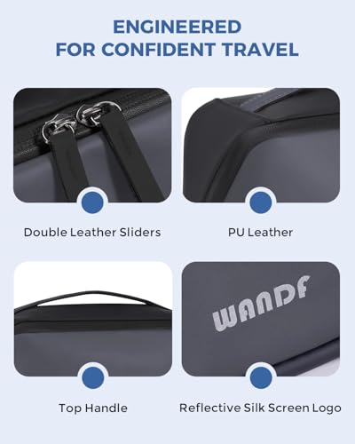 WANDF PU Leather Toiletry Bag for Men, Dopp Kit with Hanging Pouch - color: Medium Plus, Dark Gray, size: Medium Plus
