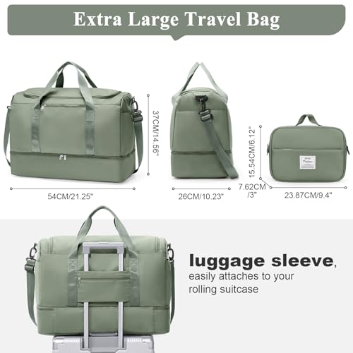 Travel Duffle Bag with Shoe Compartment, XL Weekender Bags for Women - color: B-Green with Toiletry Bag, size: Extra Large