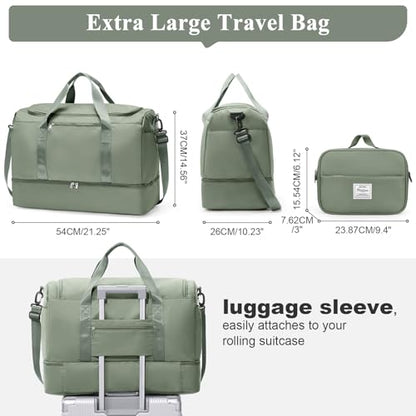 Travel Duffle Bag with Shoe Compartment, XL Weekender Bags for Women - color: B-Green with Toiletry Bag, size: Extra Large