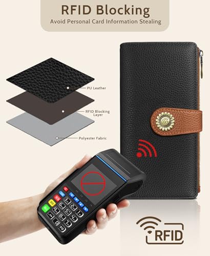 GIANCOMICS Black Caramel Womens Wallet RFID, Long Credit Card Holder Bifold - color: A Black and Pumpkin