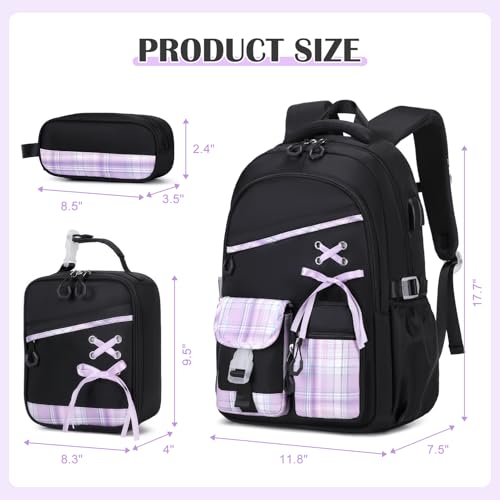 DIGOBAY Backpacks for Girls 3PCS School Backpack Lunch Box Pencil Pouch - color: Blackpurple