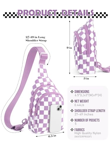 Checkered Sling Bag for Women Small Backpack Crossbody Chest Bag Fanny Packs Purses - color: Checkered Sling Bag - Light Purple