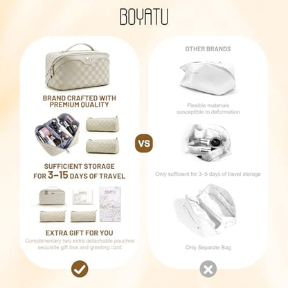 BOYATU Travel Makeup Bag Organizer: 180°Open-Flat 3 Pcs Make up Bags Set - color: 01-E-Beige