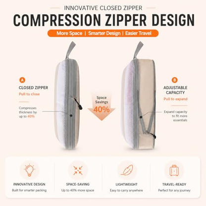 8 Piece Compression Packing Cubes Set for Travel, Large Capacity Space Saving Luggage Organizer with Double Zipper Compression, Shoe Bag, Toiletry Bag & Electronics Pouch, Beige