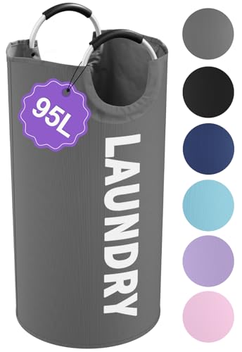 95L Collapsible Laundry Basket, Clothes Hamper with Handle, Dark Grey - color: Dark Grey, size: L-95L
