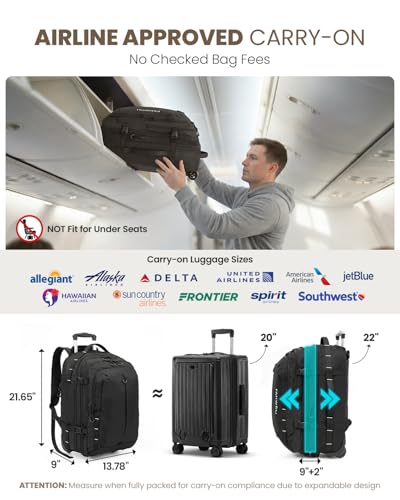 Fanwoli Rolling Vacuum Backpack Travel,One-Button Compression,55L,Black | Carry On | 55L Expandable | 2-In-1 Design | Built-In Electric Pump | 16 Pockets | Water Resistant | Fits 18” Laptop - color: Black