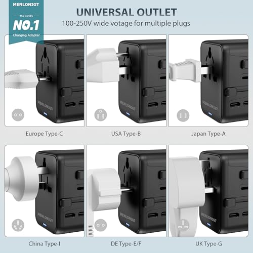 Universal Travel Adapter, International Power Plug with 2 USB-C & 2 USB-A Ports, Worldwide Wall Charger for Europe, UK, US, AU, Fast Charging for iPhone 15/Pro, Samsung (Black)