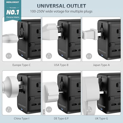 Universal Travel Adapter, International Power Plug with 2 USB-C & 2 USB-A Ports, Worldwide Wall Charger for Europe, UK, US, AU, Fast Charging for iPhone 15/Pro, Samsung (Black)