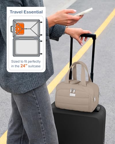 TOPDesign Travel Toiletry Bag, Puffer Makeup Organizer with Compartments - color: Camel