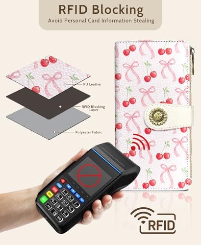 GIANCOMICS Cute Womens Wallet RFID Blocking, Bow Credit Card Holder Bifold - color: Bows and Cherry