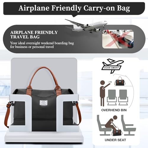 Weekender Bags for Women, Personal Item Travel Bag with Shoes Compartment - color: Black & Brown, size: Large