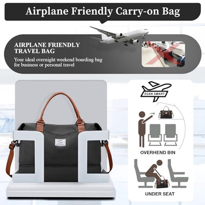 Weekender Bags for Women, Personal Item Travel Bag with Shoes Compartment - color: Black & Brown, size: Large