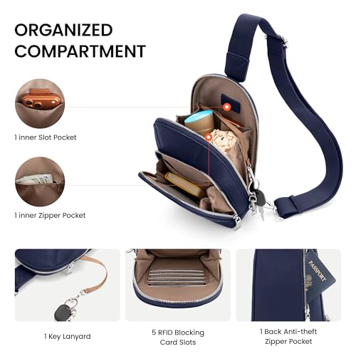 befen Genuine Leather Sling Bag for Women, Anti Theft Crossbody Chest Bags - color: Navy Blue