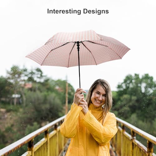 Nollia Compact Travel Umbrella with Auto Open – Windproof Folding Umbrella, Lightweight & Portable for Rain - color: E. Pink Gingham