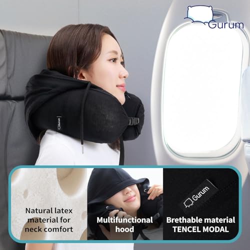 Hooded Travel Pillow – Natural Latex Neck Support with Privacy Hood, Side Pocket & Tencel Cover for Airplane & Long Flights | Gurum™