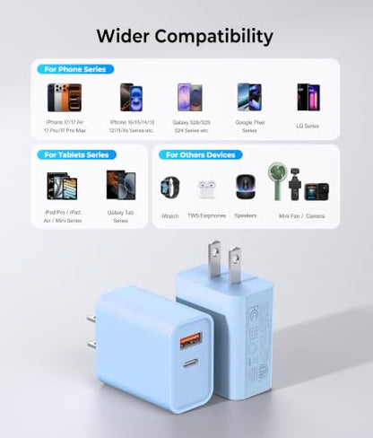 [2 Pack] 20W USB C Charger Block, Dual Port Fast Charging Wall Plug - color: 2-Pack Baby Blue, size: 20W