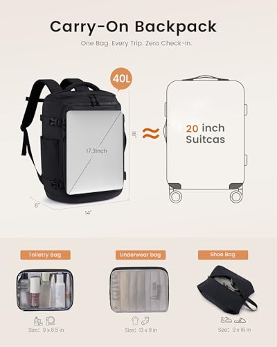 LOVEVOOK Travel Backpack for Women Men, 40L Carry On Travel Backpack - color: Dusty Blue‑black, size: 40L-4Pcs