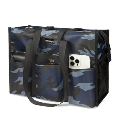 TOPDesign Utility Water Resistant Tote Bag with 13 Pockets, Zipper Closure - color: Blue Camouflage, size: Medium