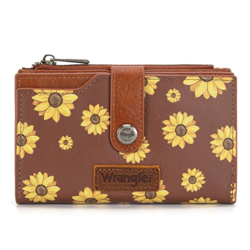 Wrangler Wallet for Women Bifold Card Holder with Zipper and ID Window - color: Daisy-Brown