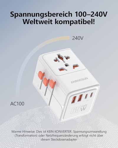 Universal Travel Adapter, International Power Adapter with 4 USB (GaN 65W) - color: 65W 2A2C White