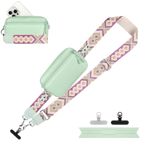 YFWE Clip and Go Strap for Phone with Wallet Crossbody, Adjustable Phone Lanyard with Detachable RFID Wristlet Wallet, Pattern Strap - Green (L) - color: Green-pattern Strap, size: Large