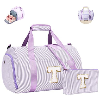 Trendy Stuff for Tweens, Girls Travel Duffle Bag, Kids Initial Bag - color: Purple, style: T