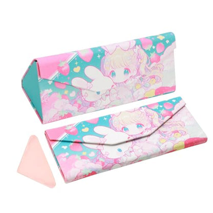Foldable Glasses Case, Magnetic PU Leahter Sunglasses Case, Cute Hard Shell Folding Eyeglass Cases for Women Kids - color: Pink Bunny Girl