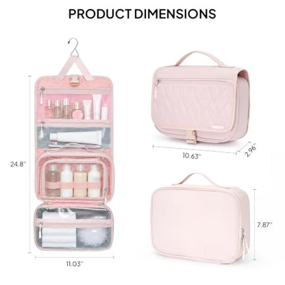 TOPEAST Quilted Travel Toiletry Bag for Women,Detachable Hanging Makeup Bag - color: Pink