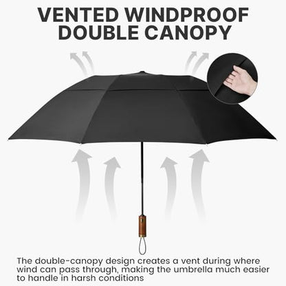 G4Free 54 Inch Inverted Windproof Umbrella with Wooden Handle Rain Umbrella - color: Black