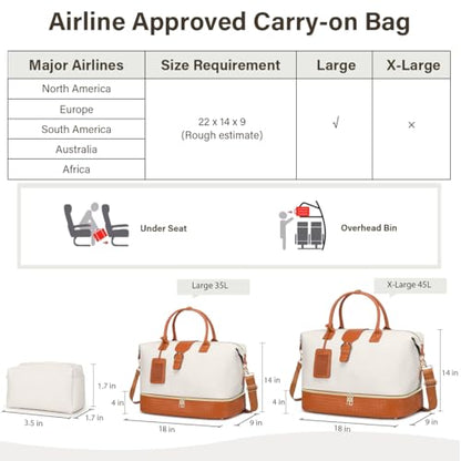 Leather Weekender Bags for Women, Travel Duffel Bag PU Overnight Bag Carry On Tote Bag with Shoe Compartment Wet Pocket - color: White Brown, size: Large