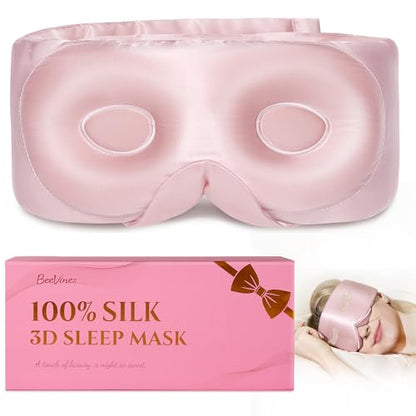 BeeVines Luxury Pure 100% Silk Sleep Mask for Women, 3D Countourd Eye Mask - color: 01 Pink