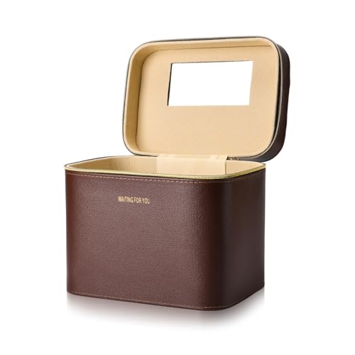 Luxury Hard brown makeup box, Portable leather hard cosmetic case with mirror, Sturdy train case make up box for women adults. (Monolayer - Brown) - color: MIX