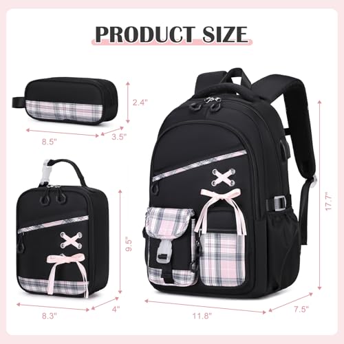 DIGOBAY Backpacks for Girls 3PCS School Backpack Lunch Box Pencil Pouch - color: Blackpink