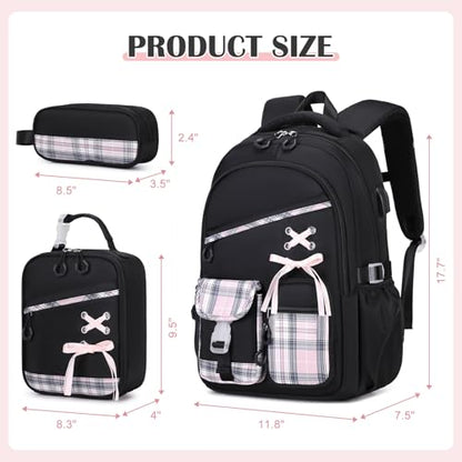 DIGOBAY Backpacks for Girls 3PCS School Backpack Lunch Box Pencil Pouch - color: Blackpink