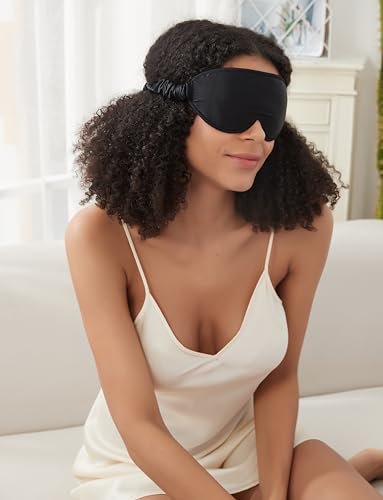 ALASKA BEAR Luxurious Silk Eye Mask with Deep Contour Molded Cups for Beauty Sleep & Lashes Extensions, 3D Zero Pressure Sleeping Eye Cover with Easy-to-Adjust Strap - color: Black_concave Eyecups