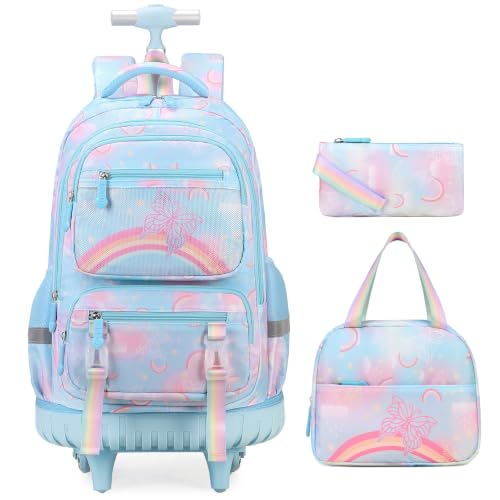 3PCS Rainbow Butterfly Rolling Backpack for Girls with Lunch Box (Blue) - color: Blue