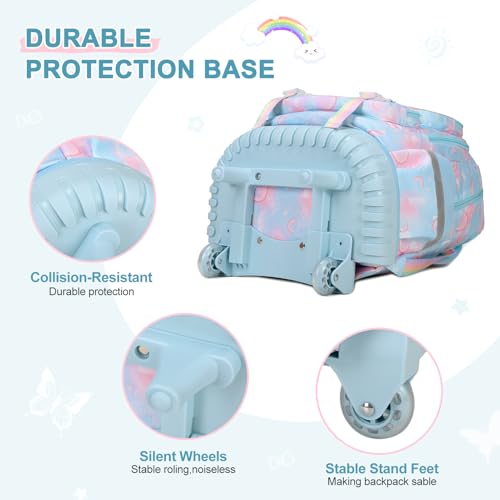 3PCS Rainbow Butterfly Rolling Backpack for Girls with Lunch Box (Blue) - color: Blue