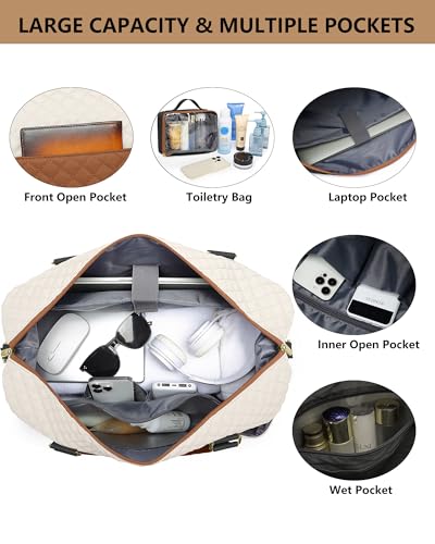 Travel Weekender Duffle Bag for Women: Overnight Bags with Shoe Compartment - color: Black White Brown, size: Large