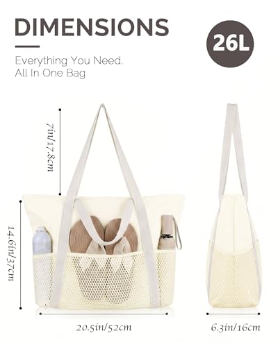 HOMESPON Beach Bag Large Waterproof Sandproof Tote for Women with Zipper and Mesh Pockets - color: Beige, size: Medium
