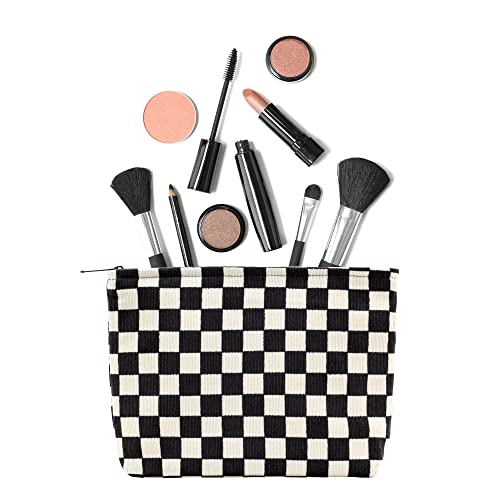 Flat Makeup Bag for Women,Zipper Cosmetic Pouch for Purse,Checkered Black - color: Checkered Black