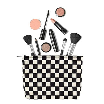 Flat Makeup Bag for Women,Zipper Cosmetic Pouch for Purse,Checkered Black - color: Checkered Black