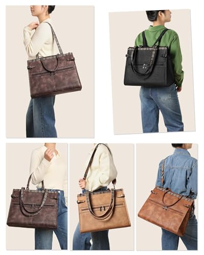FADEON Laptop Bag for Women Designer PU Leather, 15.6inch - color: Camel Brown Retro Style